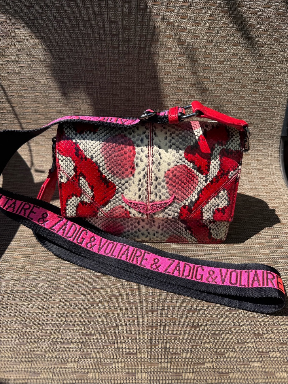 Zadig & Voltaire Red Python-Print Crossbody with Pink Logo Strap